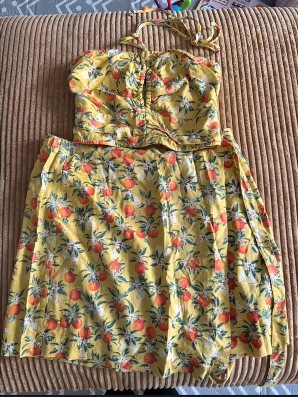 Wild fable Yellow Two-Piece Orange Fruit Print Halter Top - Midi Wrap Skirt Set